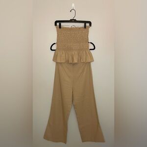 Cotton Candy LA Two-Piece Peplum Top & Linen Pants Outfit, Tan, Size M, NWOT